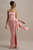Loz Light Pink Satin Bandeau Draped Maxi Dress