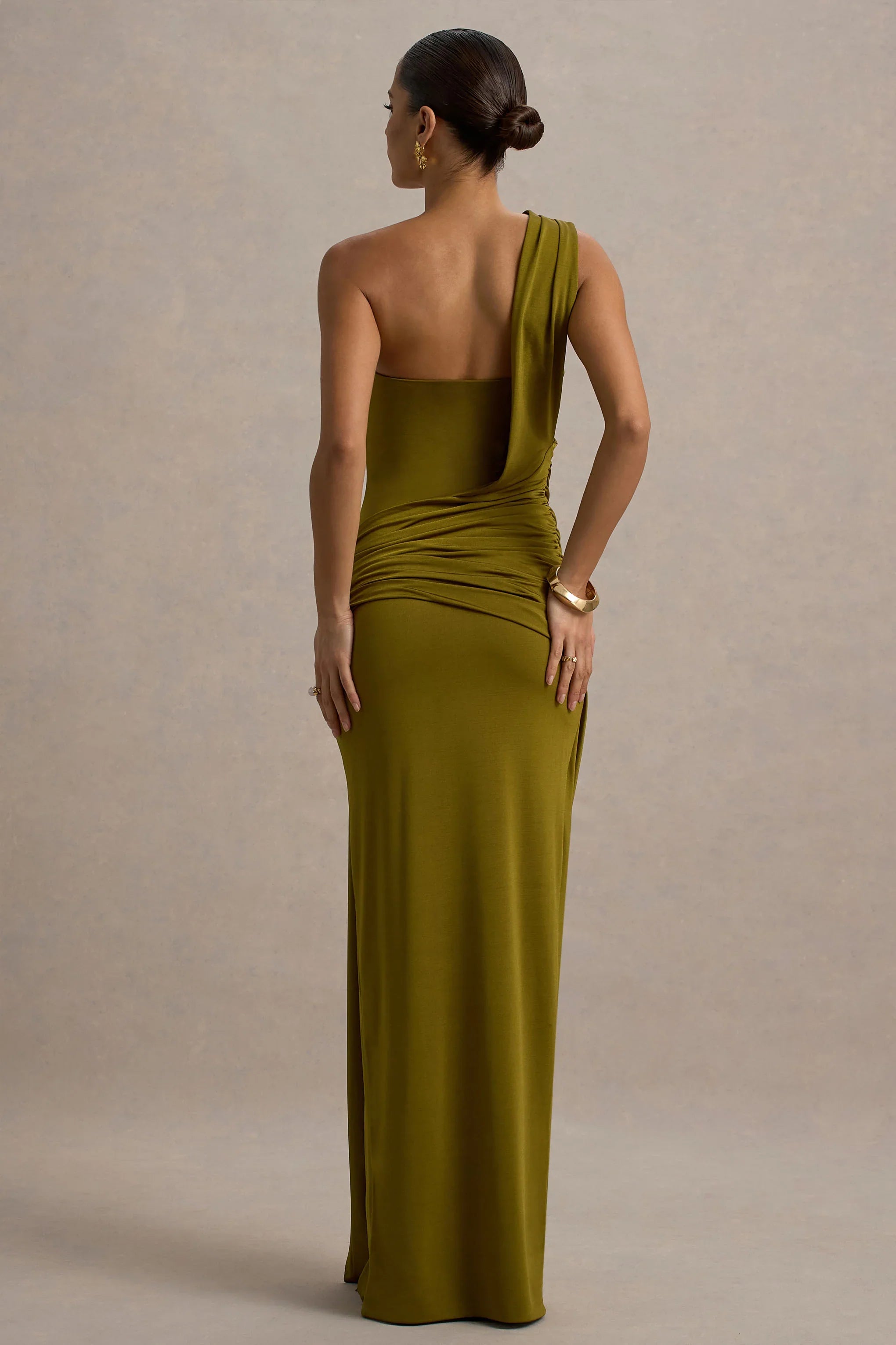 Erminia Olive Green One Shoulder Twist Wrap Maxi Dress