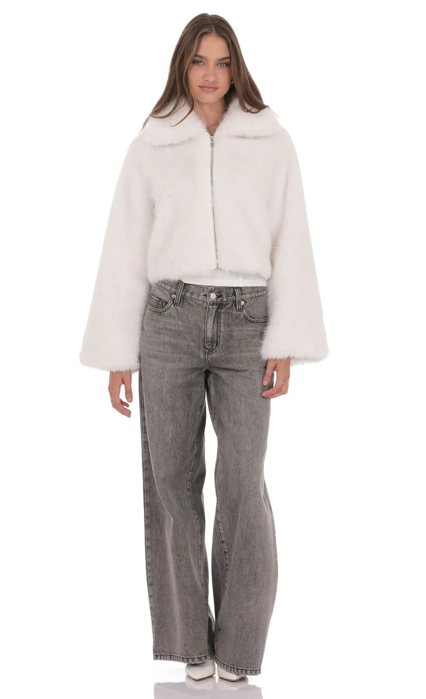 Faux Fur Cropped Jacket in White
