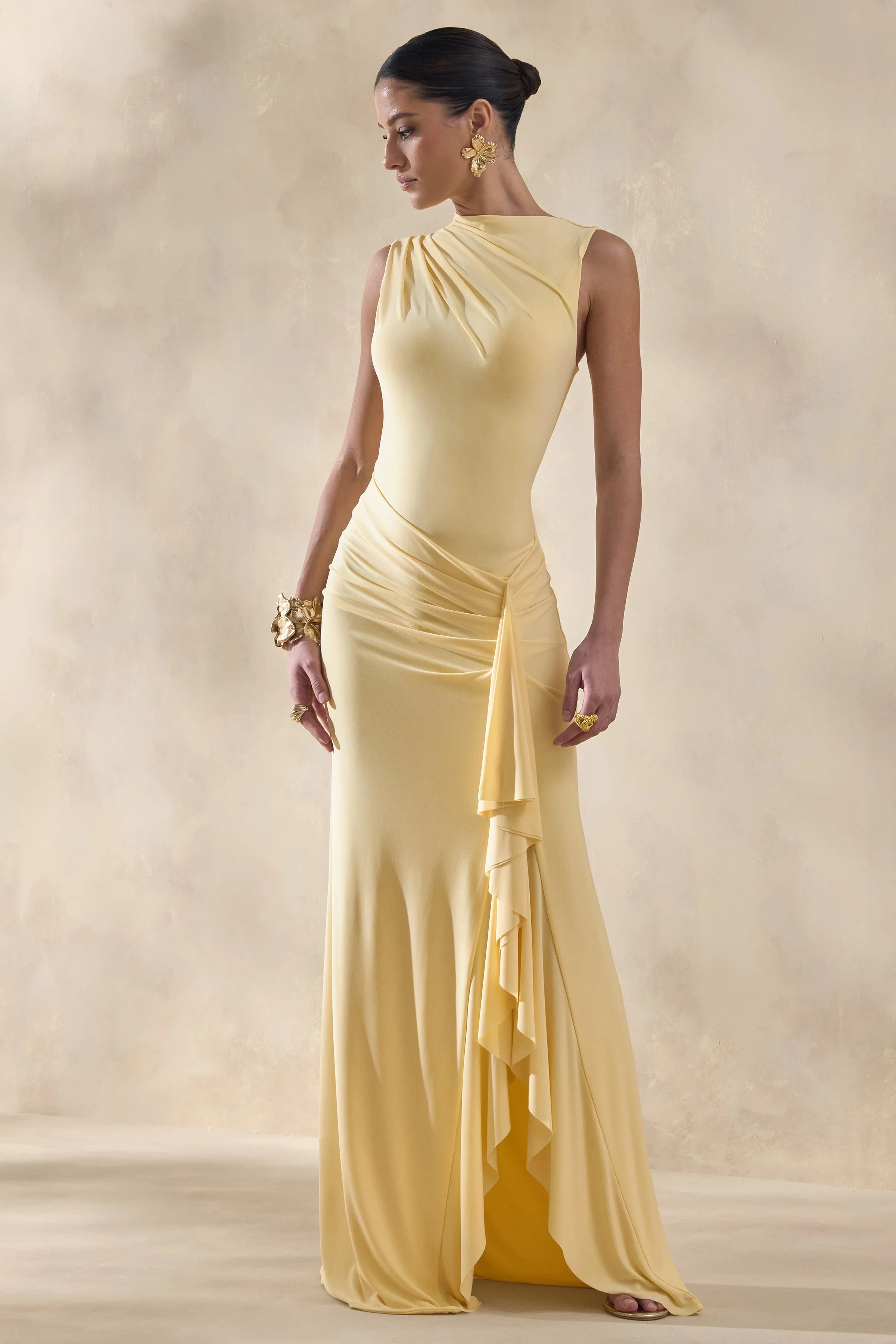 Helessia Lemon Asymmetric Neck Maxi Dress With Gathered Detailing And Sash