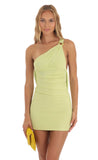 One Shoulder Draped Mini Dress in Chartreuse