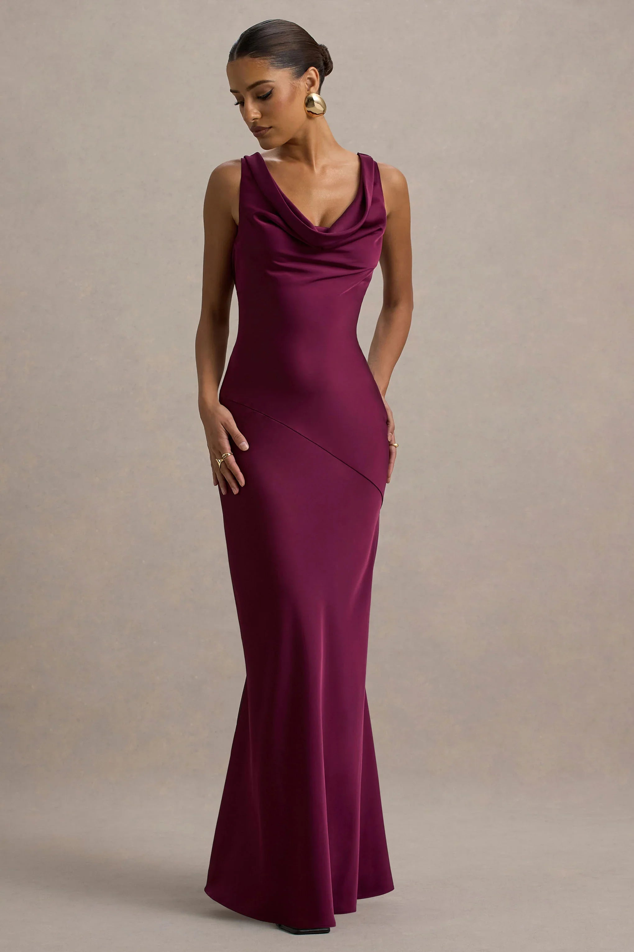Alesso Burgundy Satin Cowl Neck Slip Maxi Dress