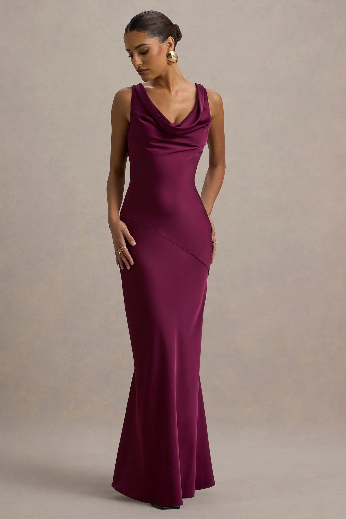 Alesso Burgundy Satin Cowl Neck Slip Maxi Dress