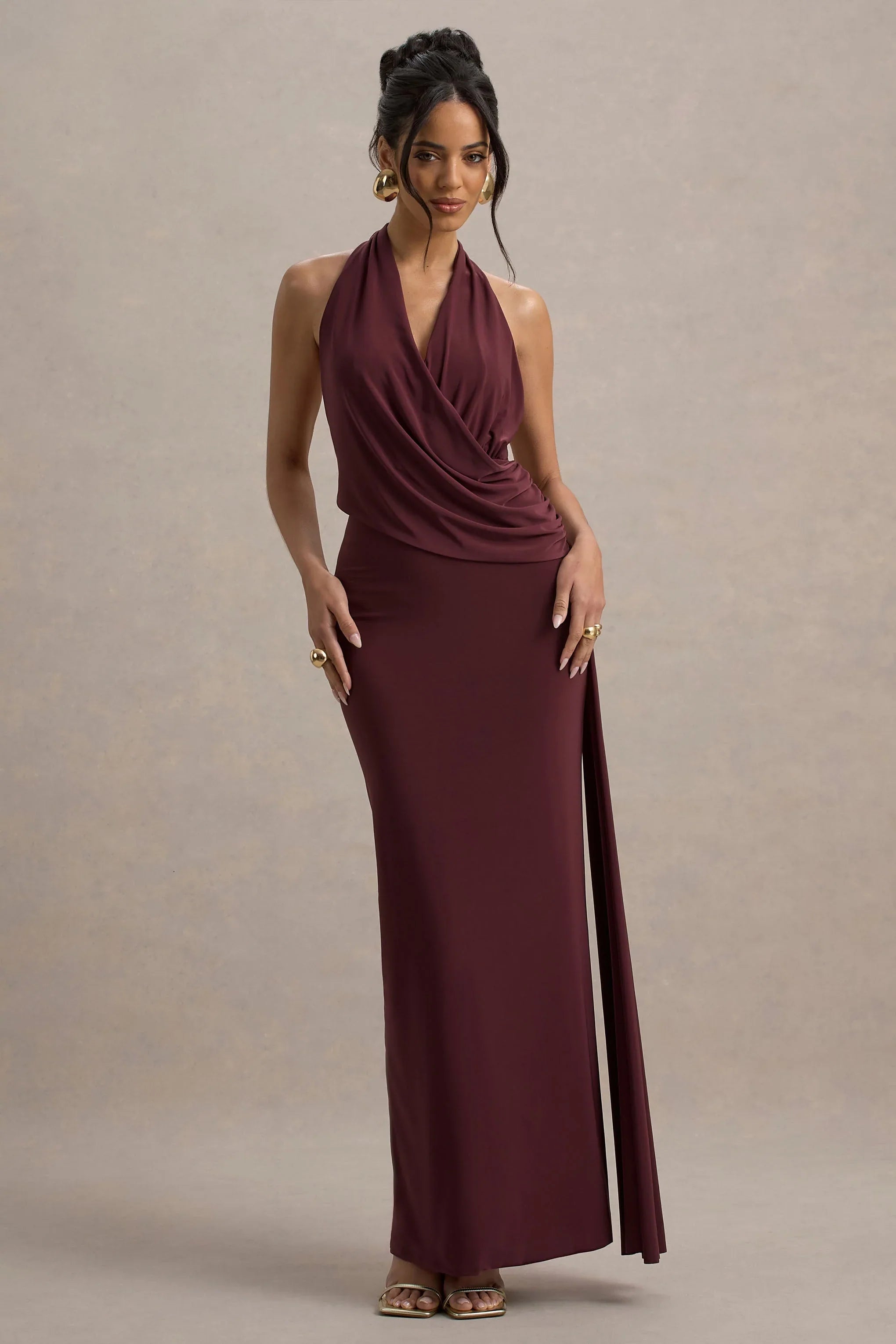 Rosina Burgundy Halter Neck Draped Maxi Dress With Sash