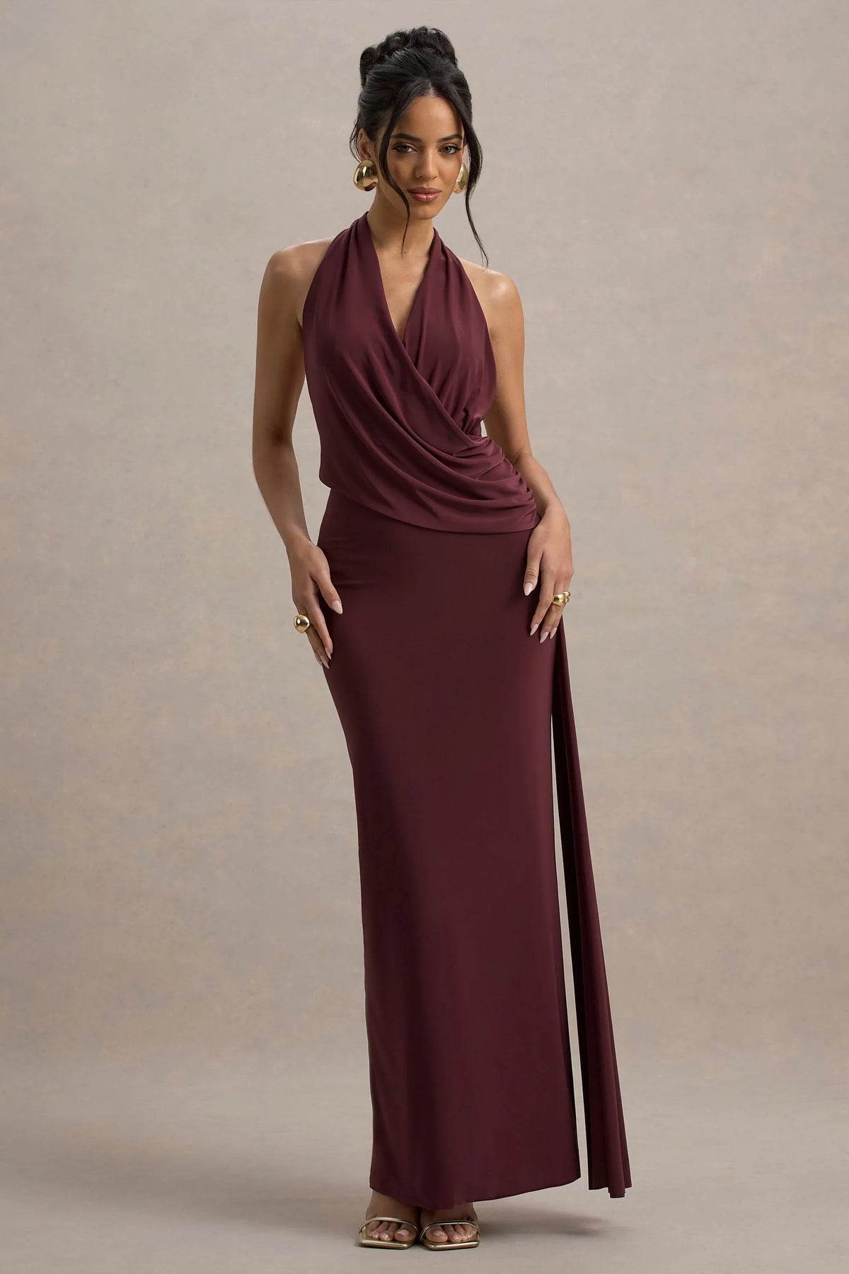 Rosina Burgundy Halter Neck Draped Maxi Dress With Sash