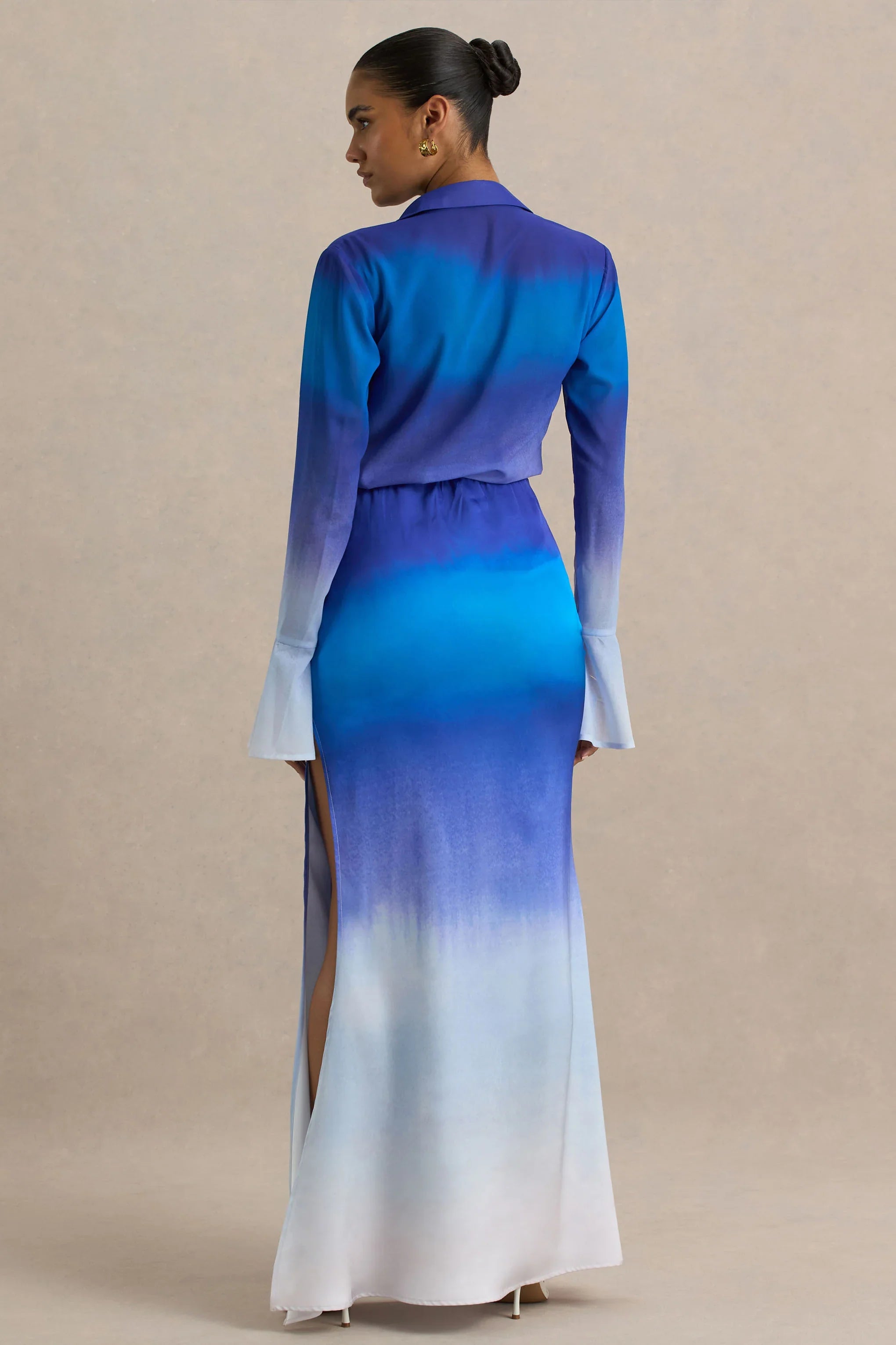 Serita Blue Ombre Satin Split Maxi Skirt