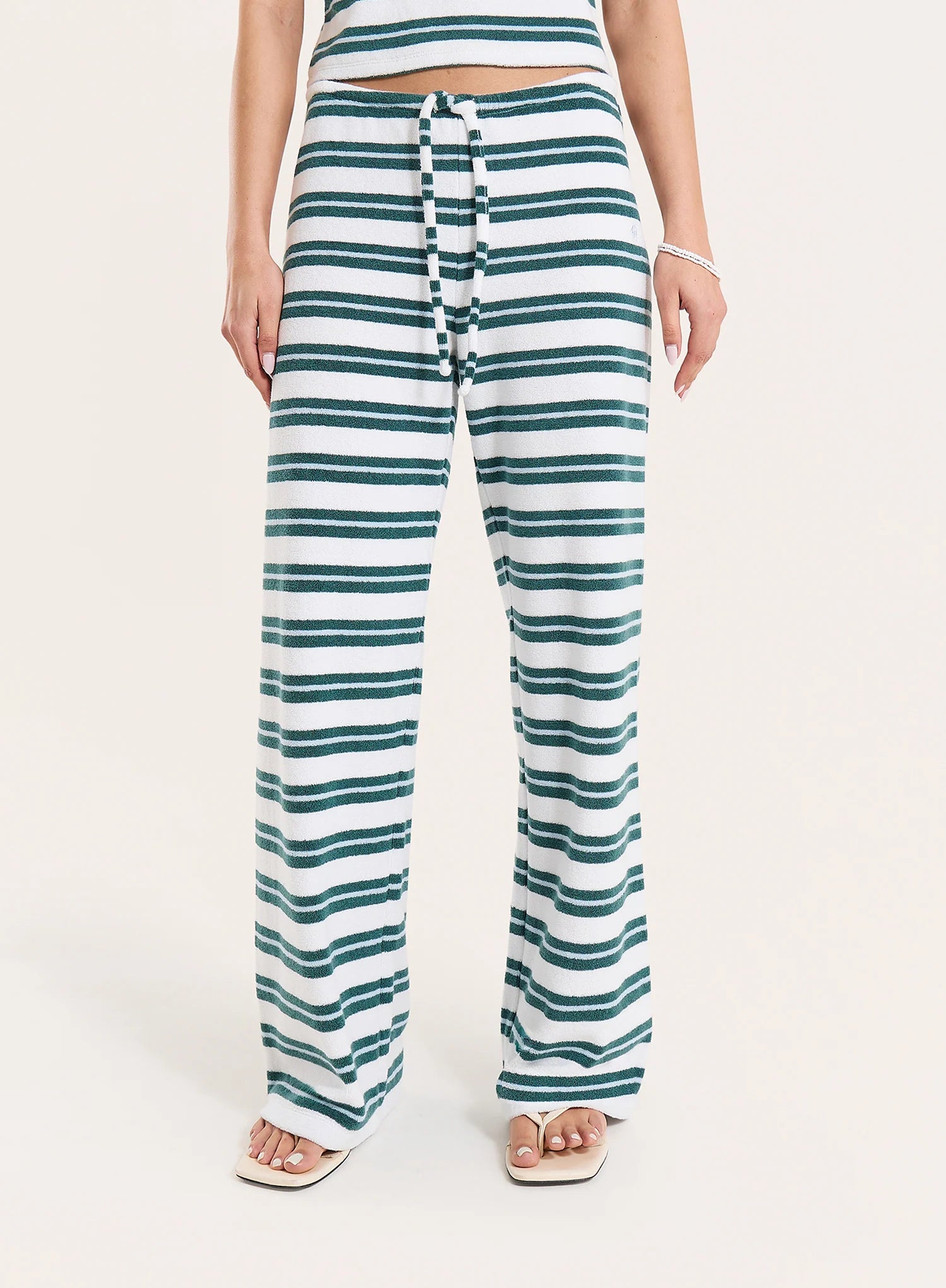 Green And White Striped Towelling Straight Leg Trousers