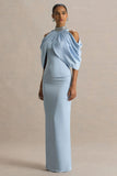 Sulliana Powder Blue Satin High Neck Maxi Dress With Embellished Detail And Cape Sleeves