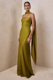 Charly Olive Matte Satin Bandeau Maxi Dress With Scarf Detail