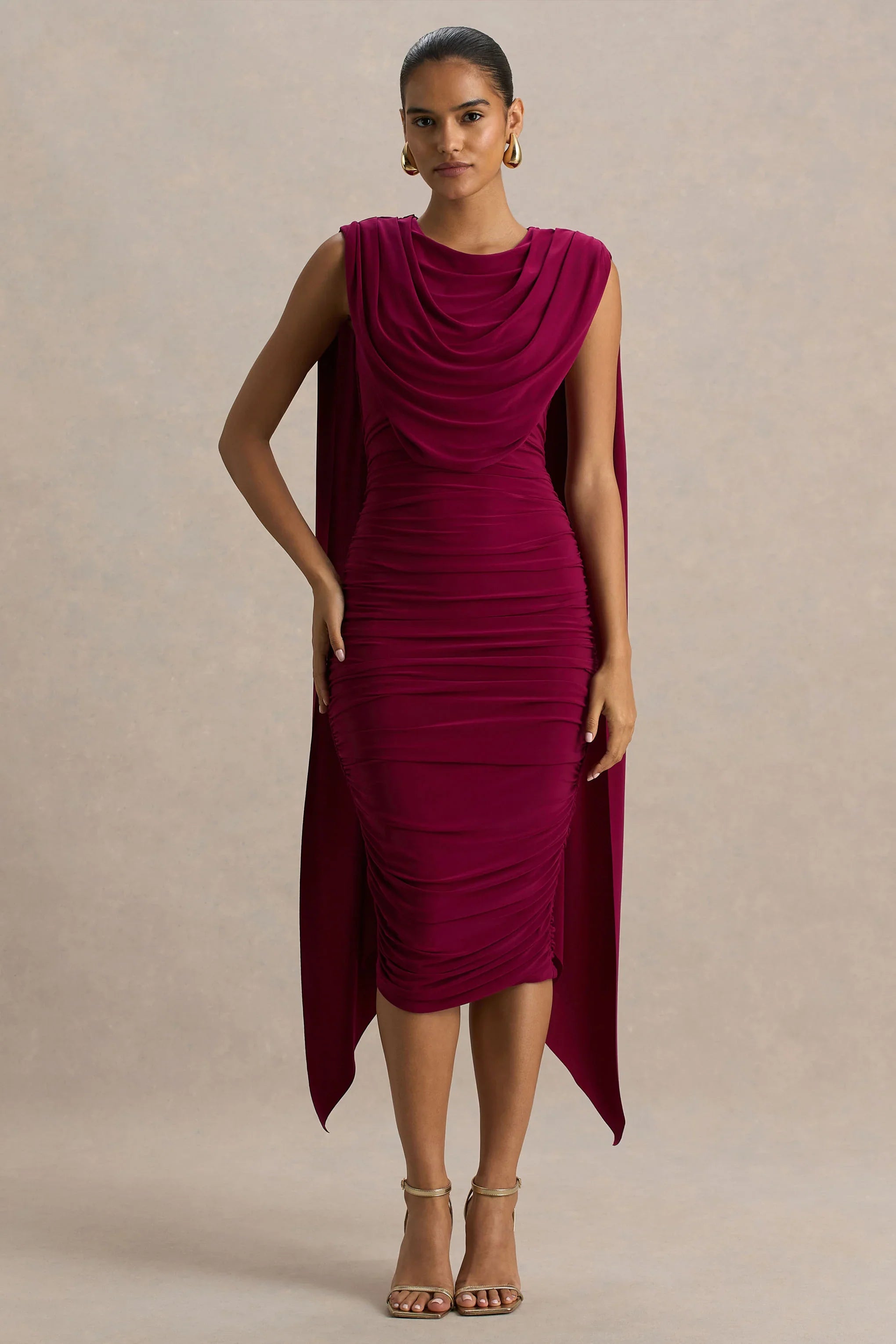 Wanderer Burgundy Crew Neck Midi Dress With Draped and Ruched Detailing