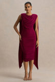 Wanderer Burgundy Crew Neck Midi Dress With Draped and Ruched Detailing