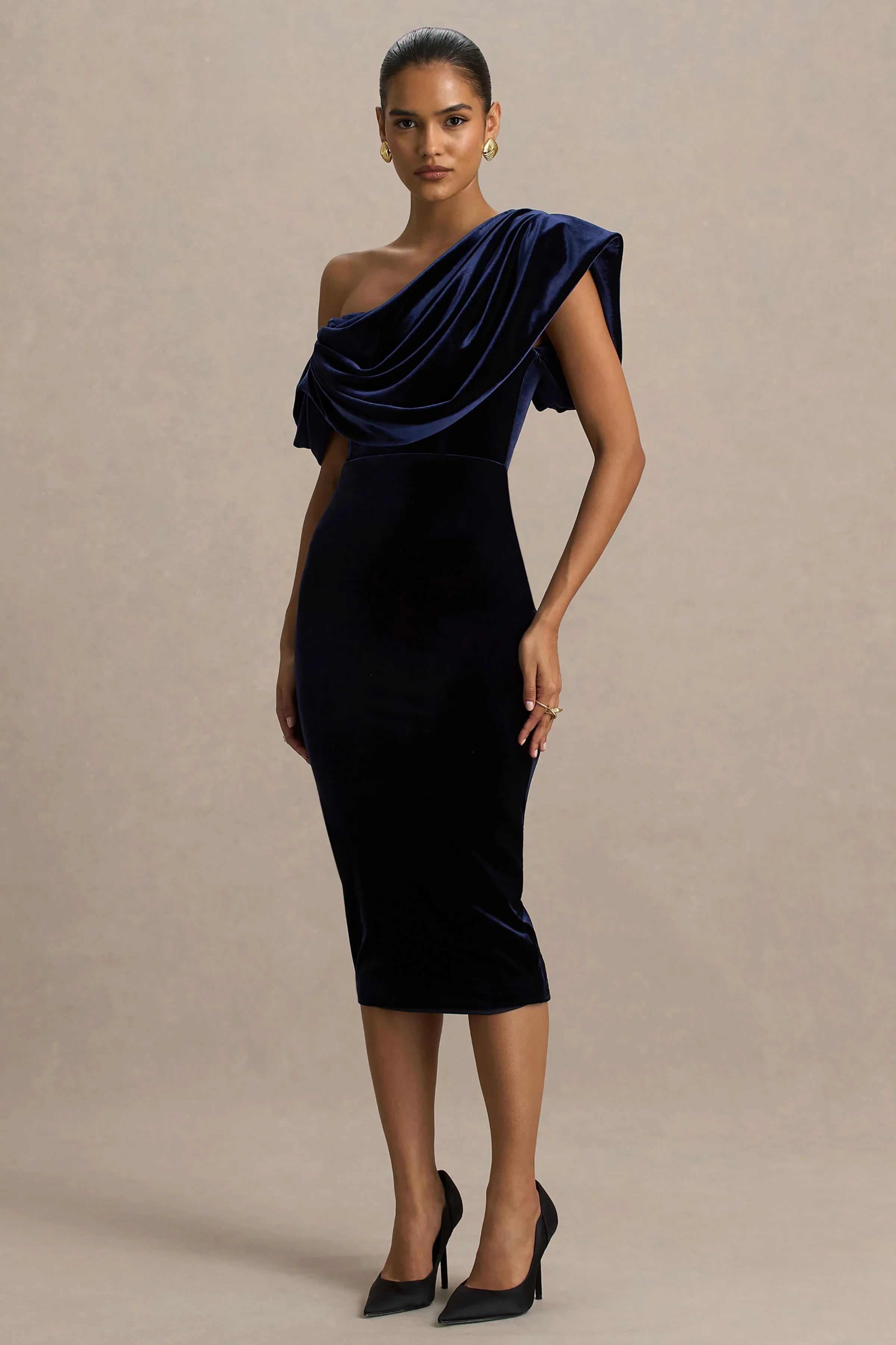 High End Navy Velvet Asymmetric Neck Midi Dress With Draped Detailing