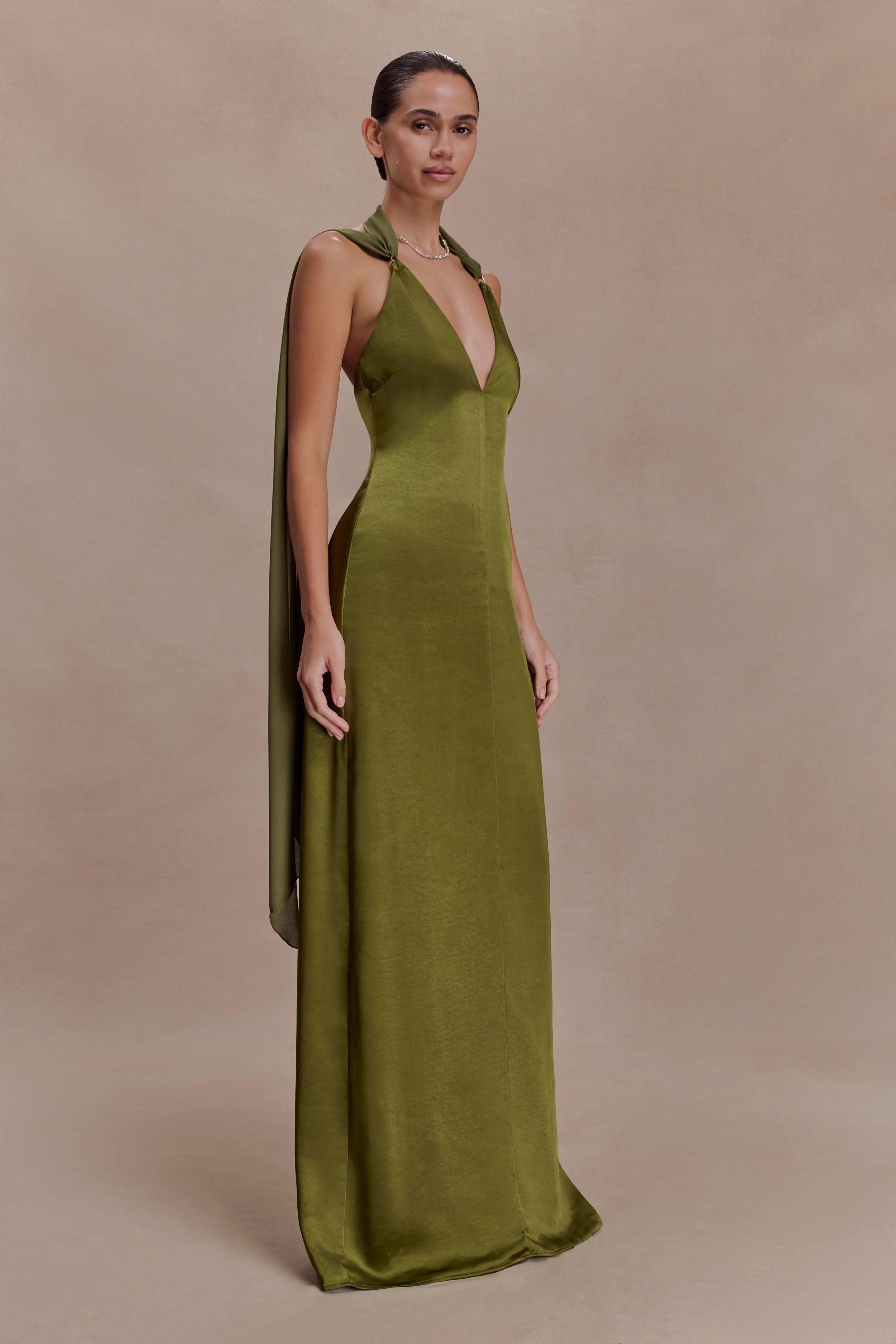 Myla Draped Shoulders Satin Maxi Dress Khaki