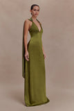 Myla Draped Shoulders Satin Maxi Dress Khaki