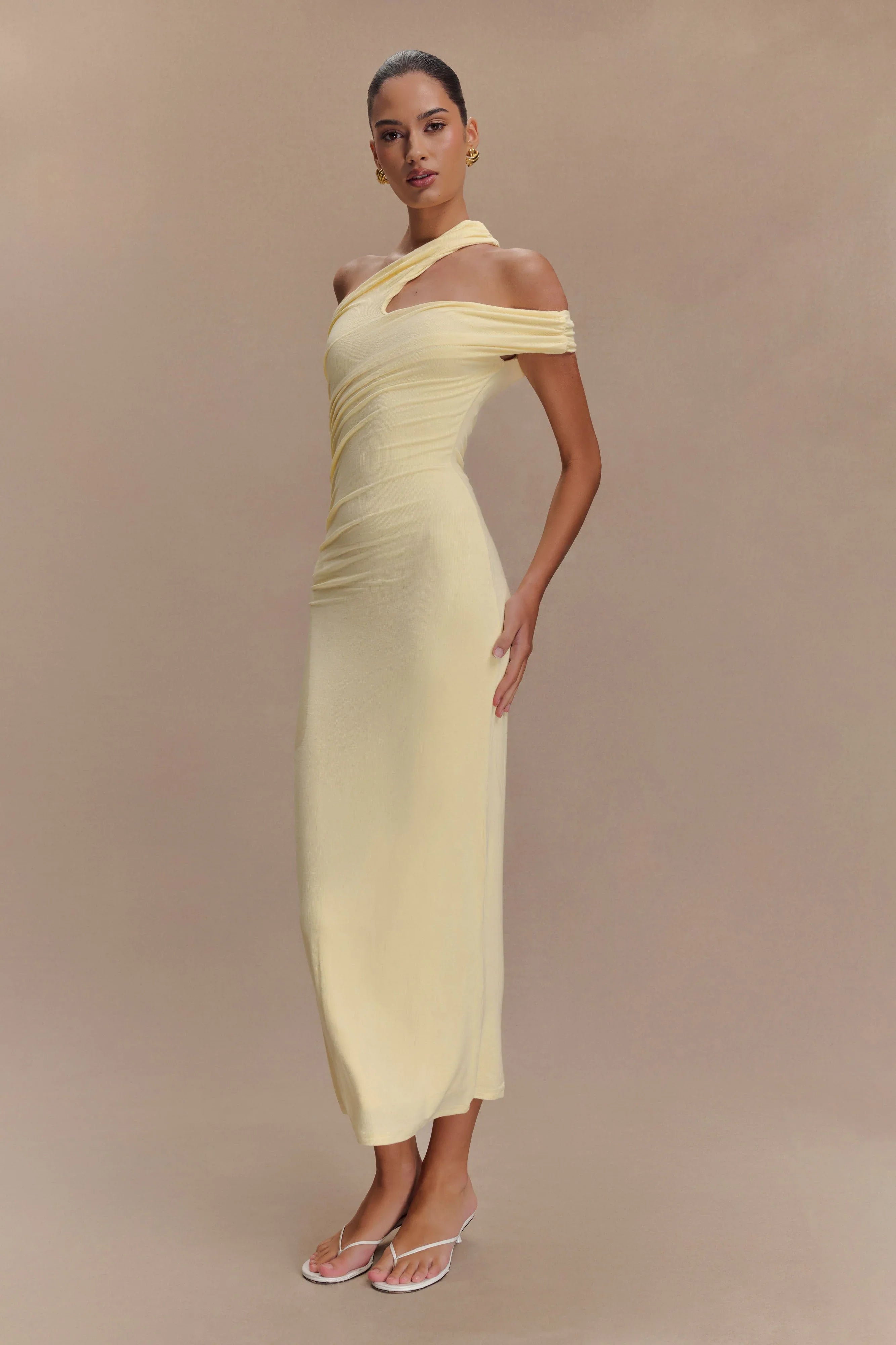 Anastasia One Shoulder Modal Midi Dress Pale Lemon