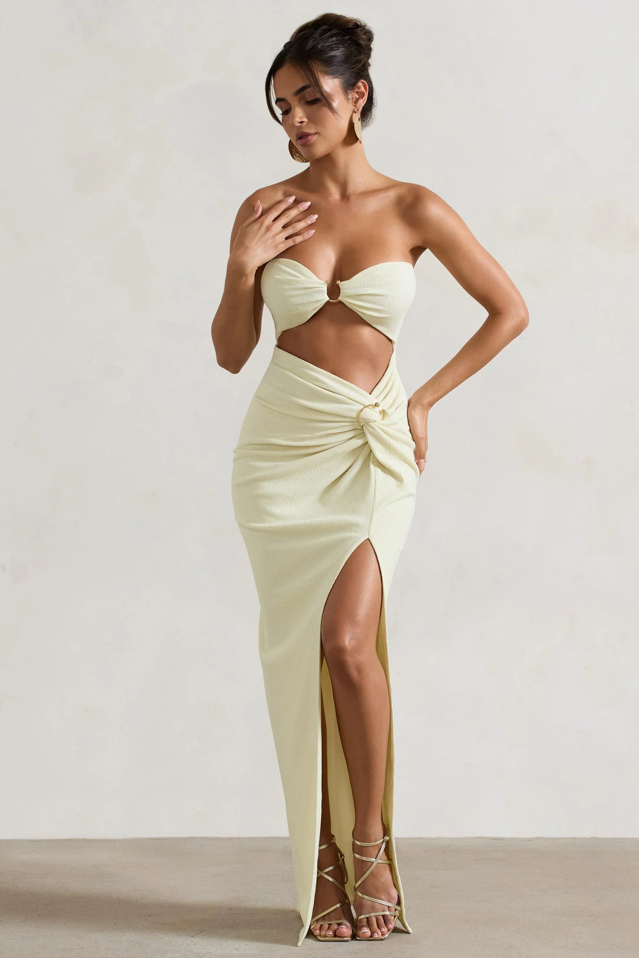 Cancun Ecru Crinkle Strapless Cut Out Maxi Dress With Twist
