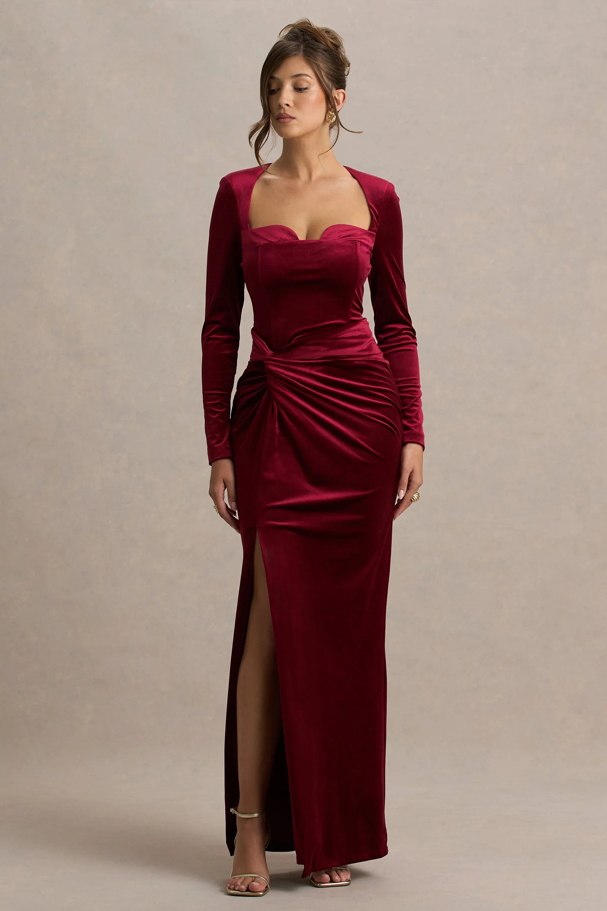 Fay Berry Velvet Corset Style Knot Maxi Dress