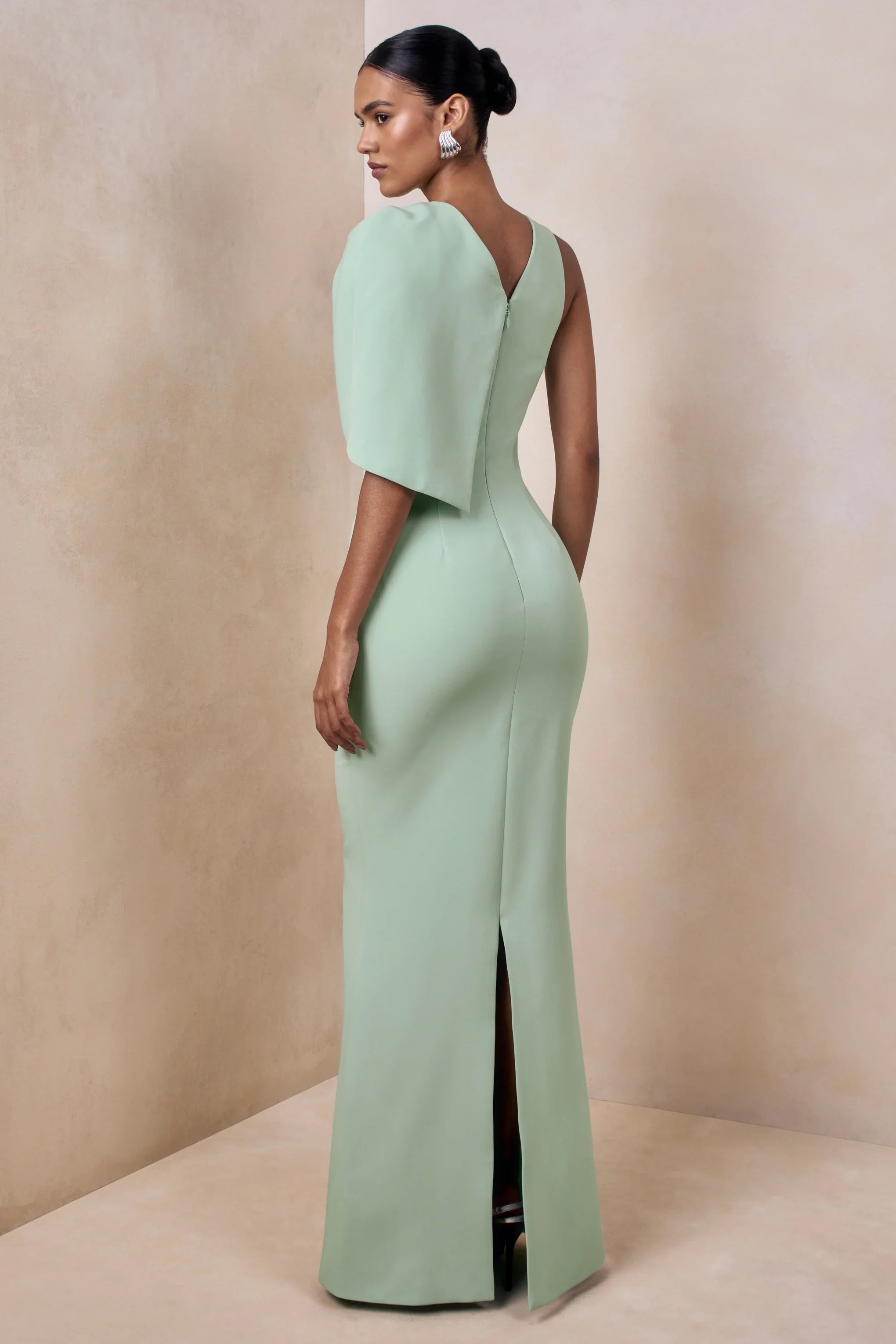 Quira Mint Asymmetric Neck Maxi Dress With Cape Sleeve