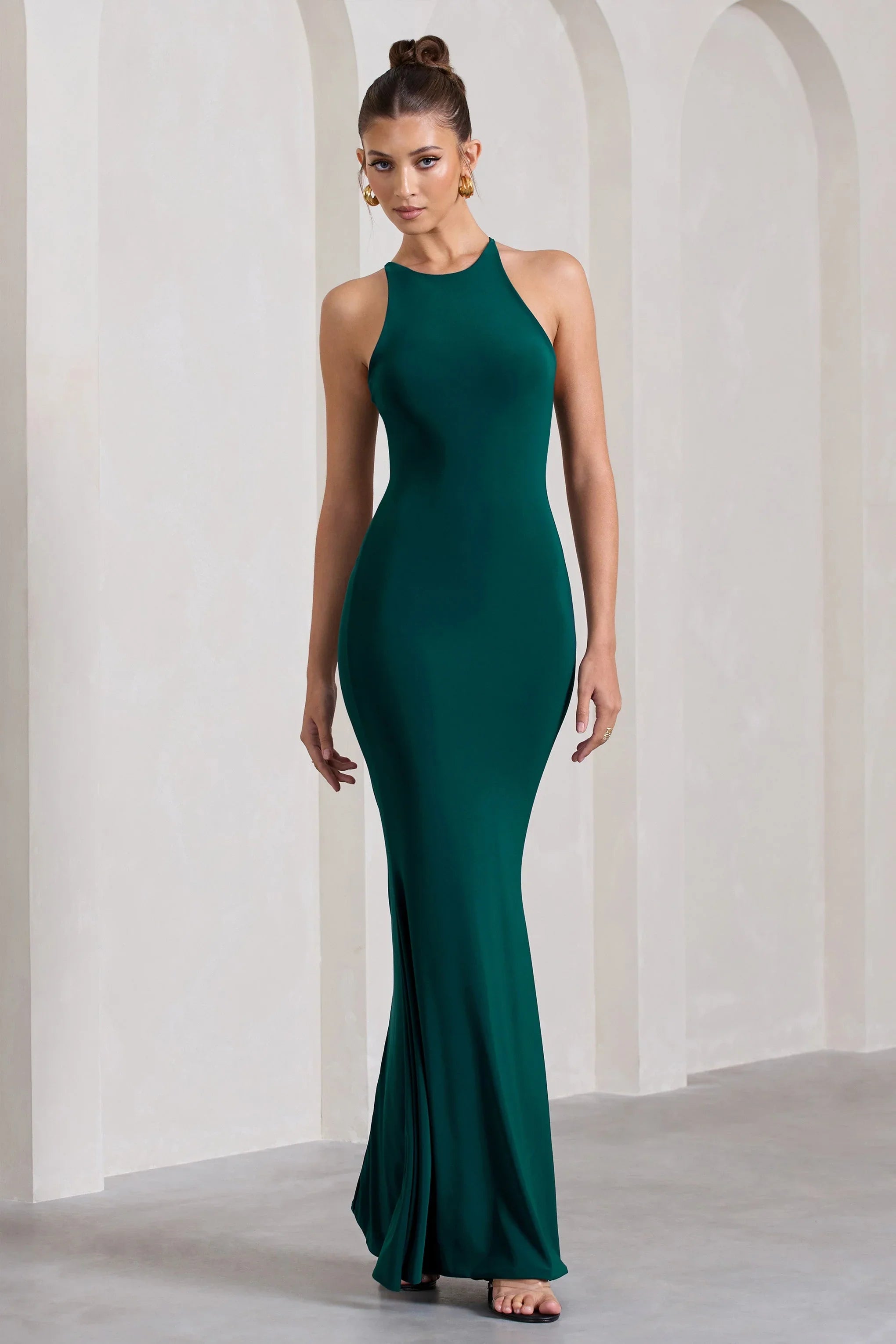 Brianna Bottle Green Sleeveless Halter Neck Open Back Maxi Dress