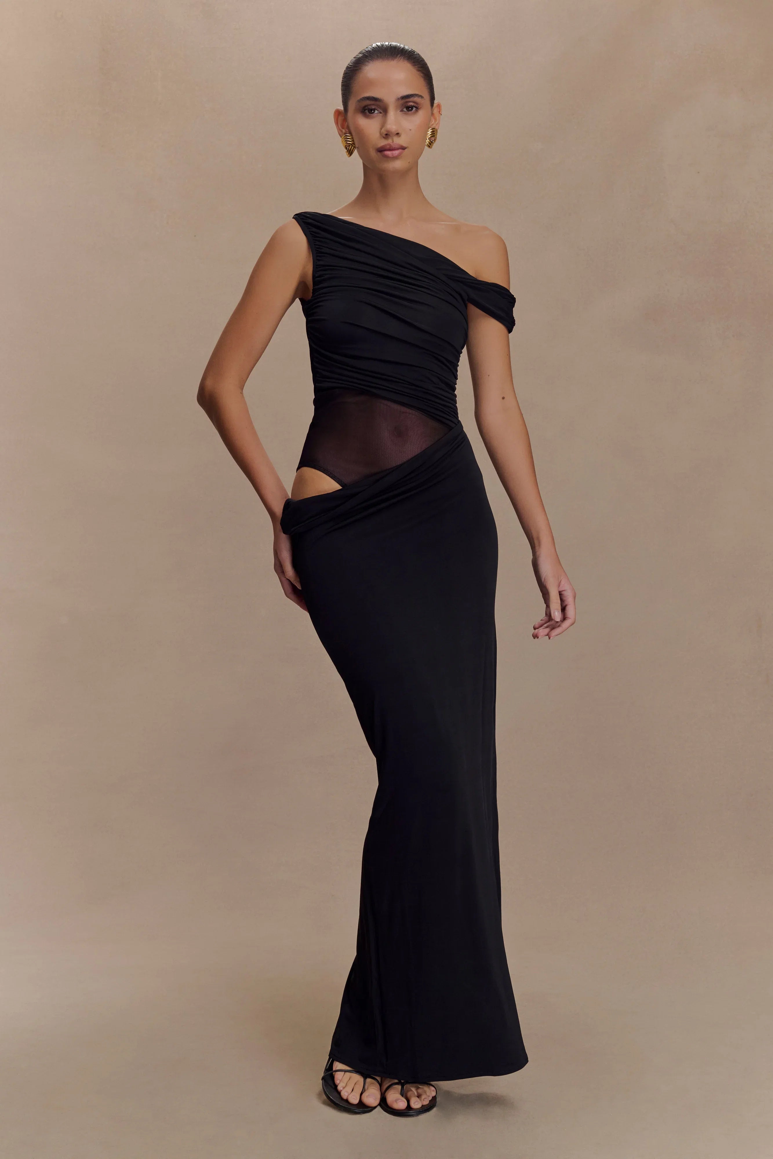 Callen One Shoulder Slinky Maxi Dress Black