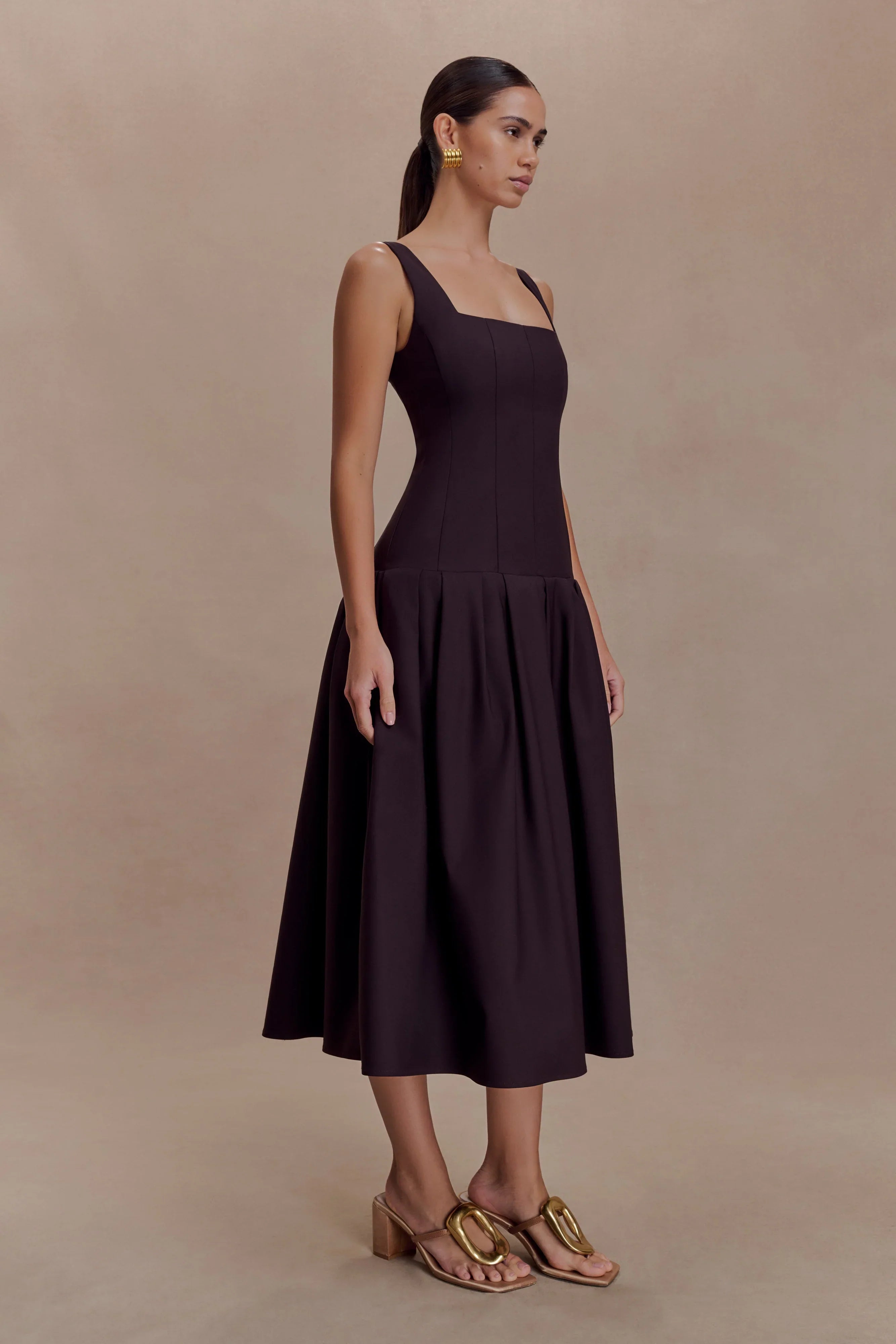 Natascha Drop Waist Cotton Midi Dress Chocolate