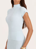 Blue Textured Fine Knit High Neck Top