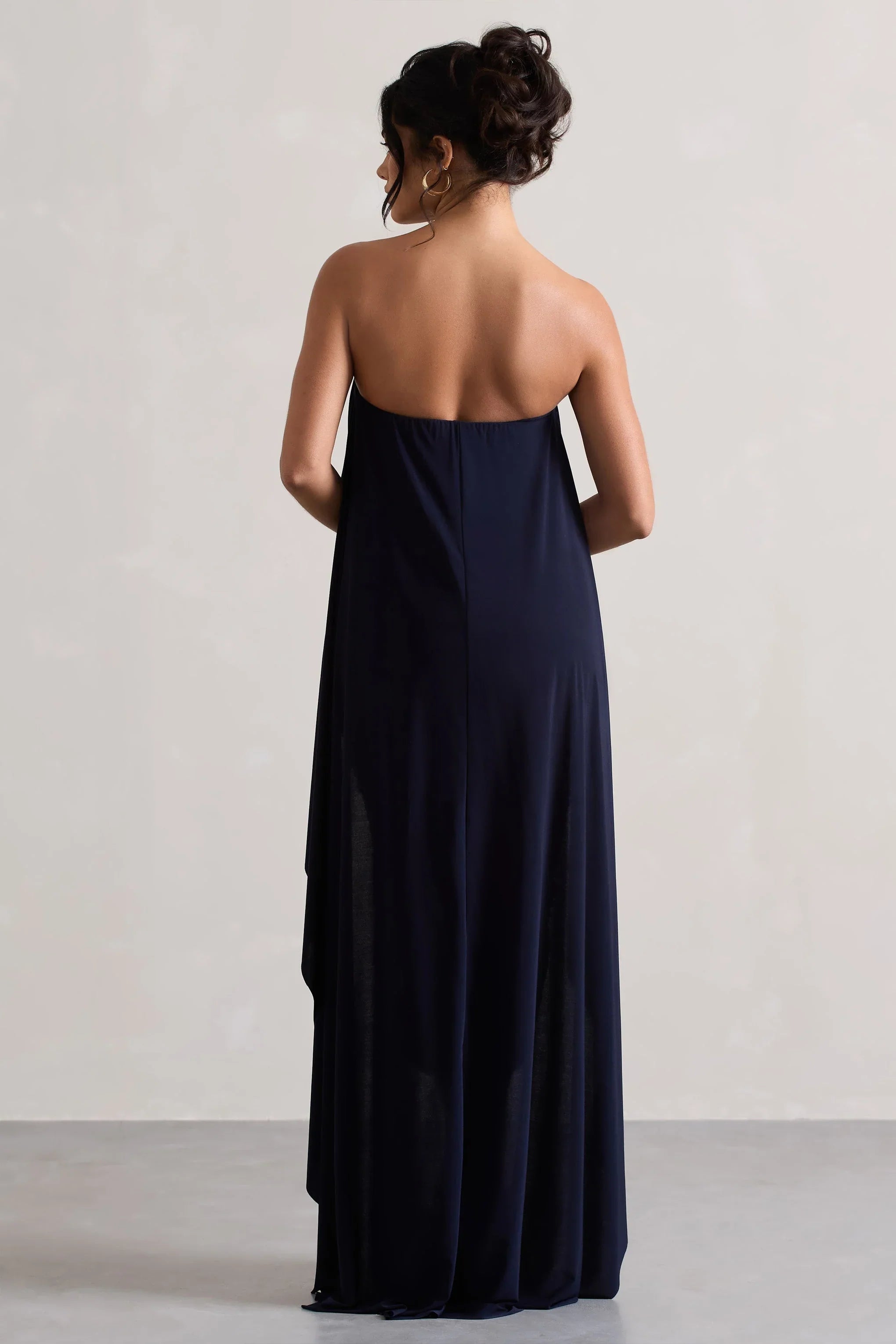 Upon A Time Navy Ruched Bandeau Midi Dress With Cape