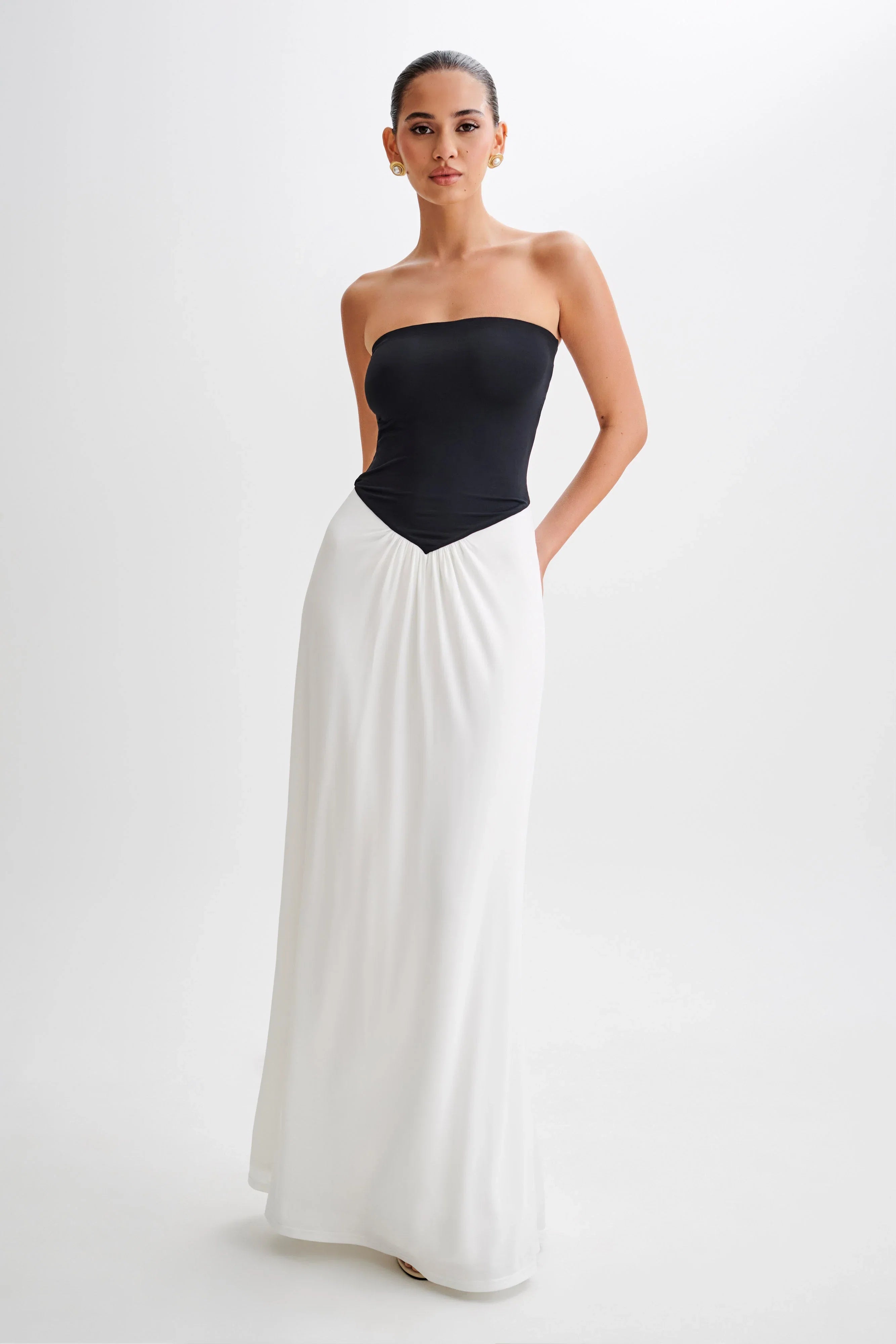 Ruby Strapless Slinky Maxi Dress Black White