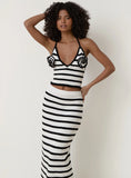 Black And White Stripe Knit Corsage Halterneck Top