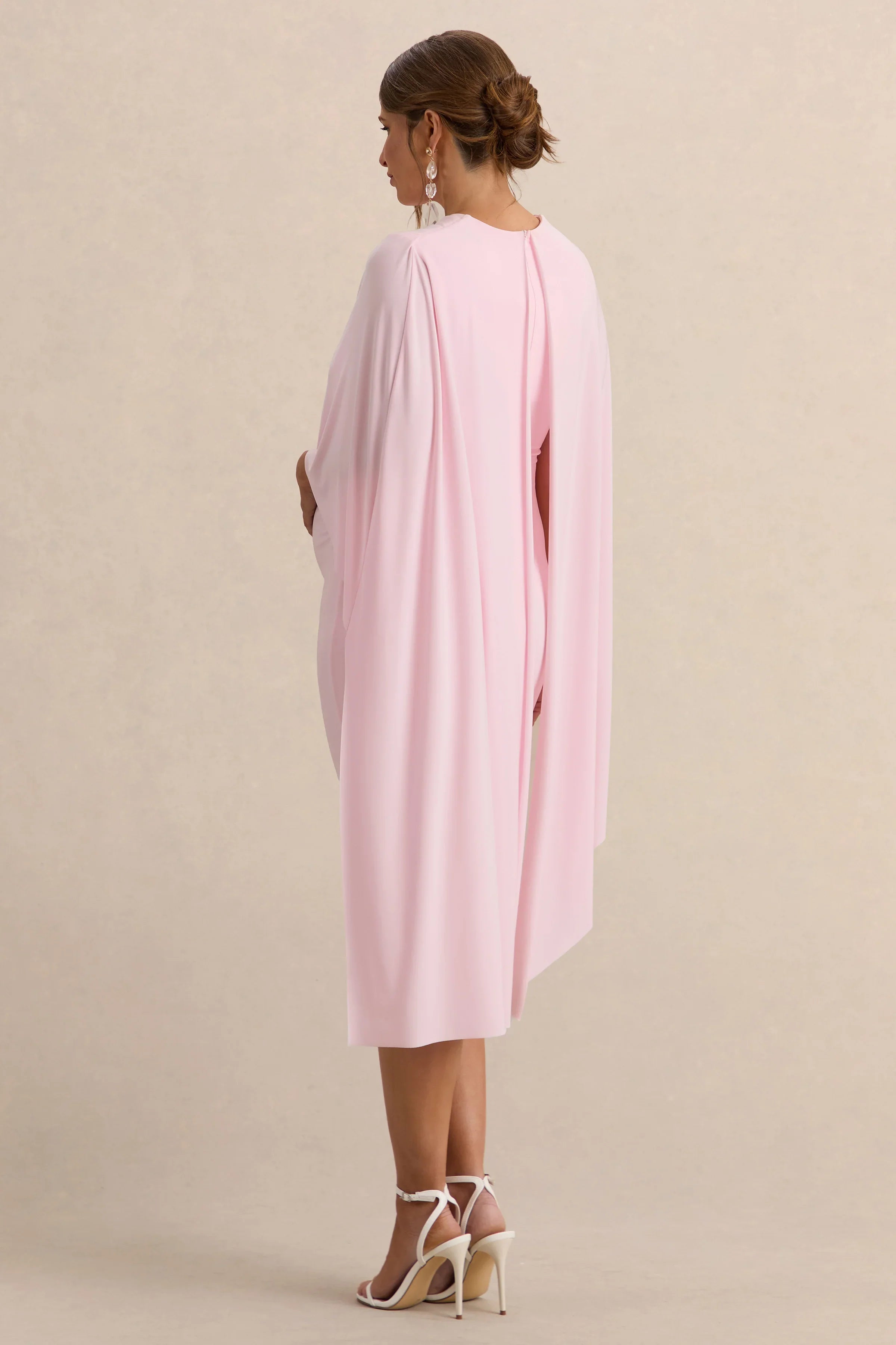 Arwen Light Pink Round Neck Maternity Midi Dress With Cape Detail