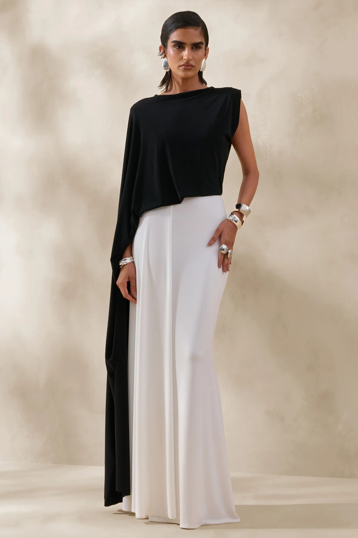 Carenza Black White Wide Neck Maxi Dress With Cape Sleeve