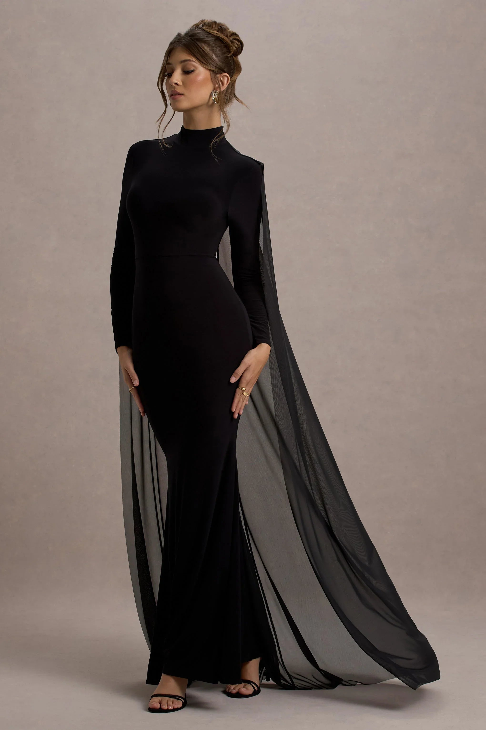La Nuit Black High Neck Long Sleeve Maxi Dress With Cape