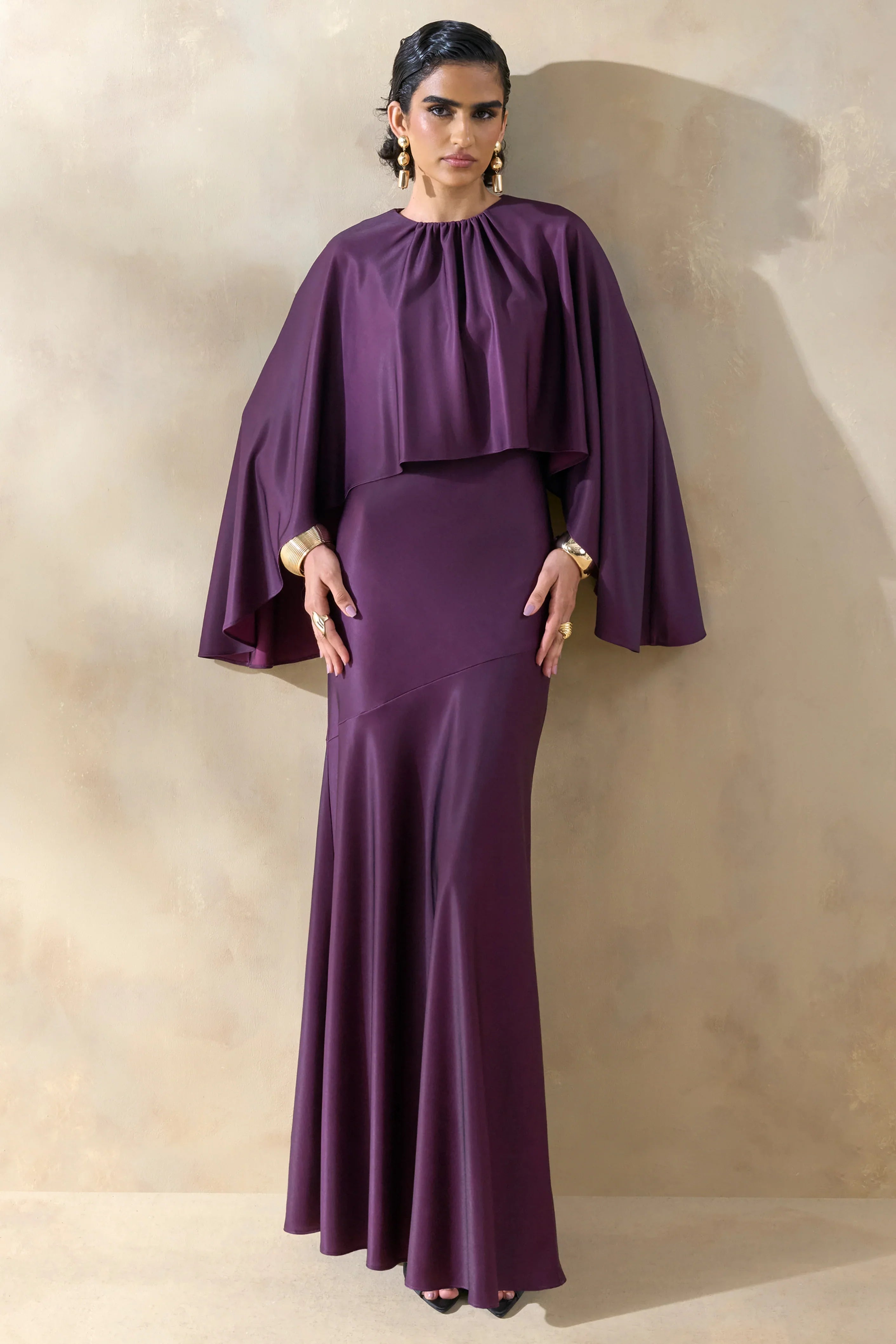 Vanthea Dark Plum Satin Round Neck Maxi Dress With Cape Sleeves