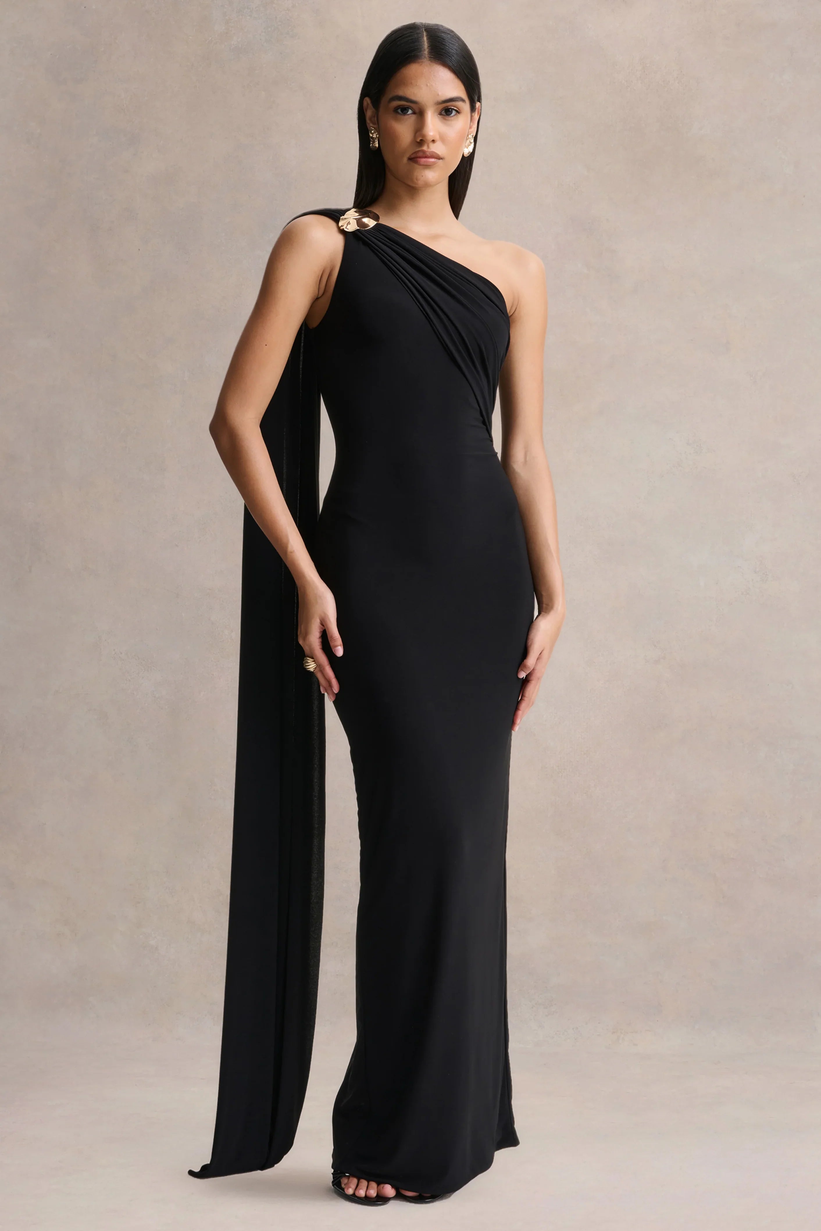 Mandy Black Asymmetric Neck Maxi Dress
