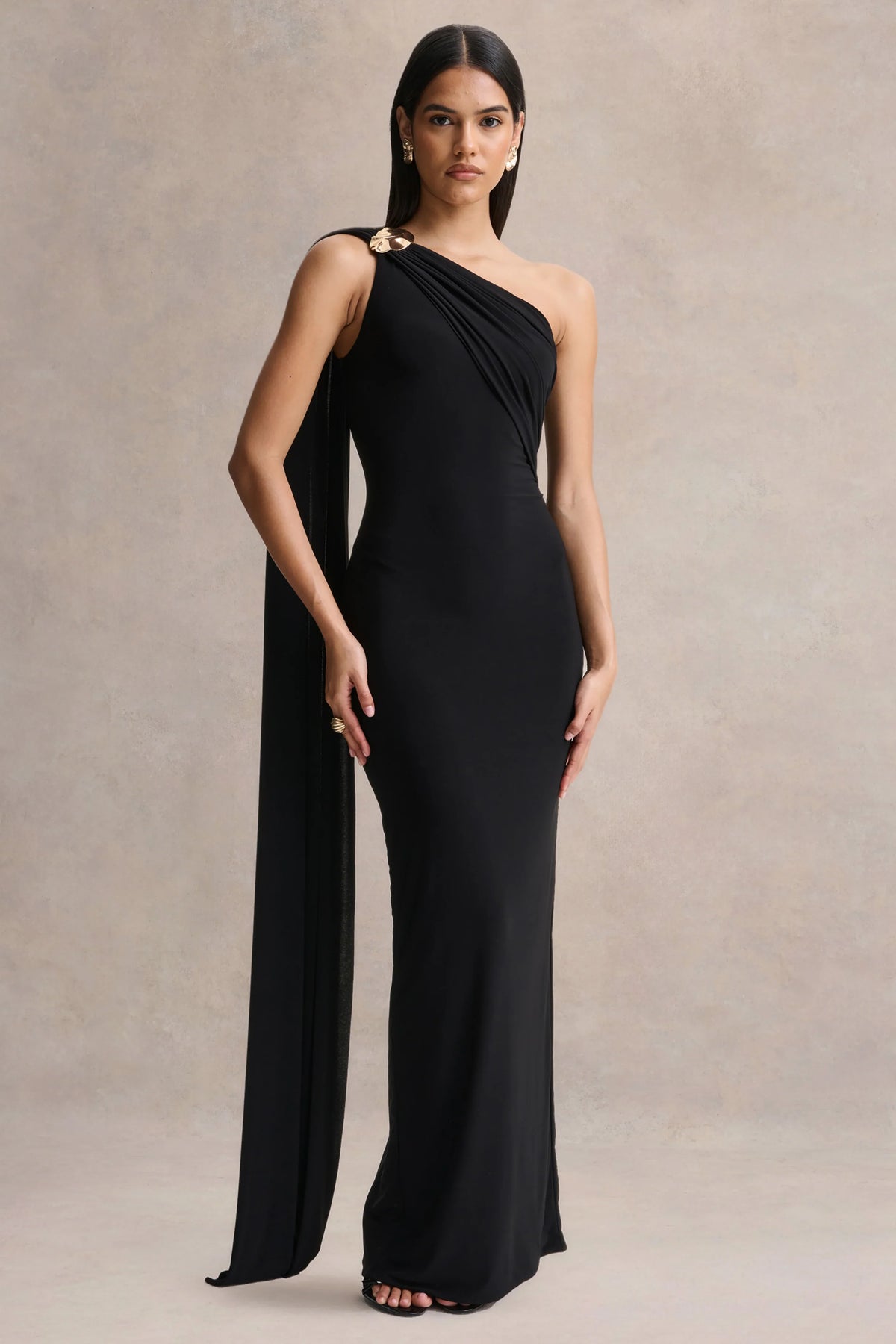 Mandy Black Asymmetric Neck Maxi Dress