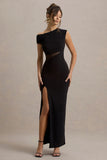 Emily Black Asymmetric Split Maxi Dress With Mesh Detailing