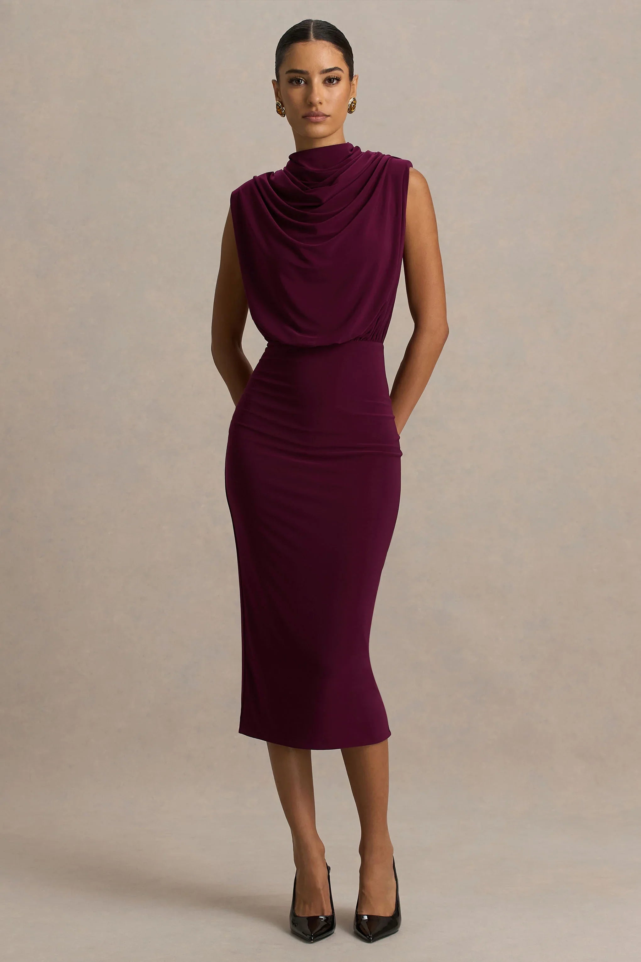 Hermia Burgundy High Neck Midi Dress