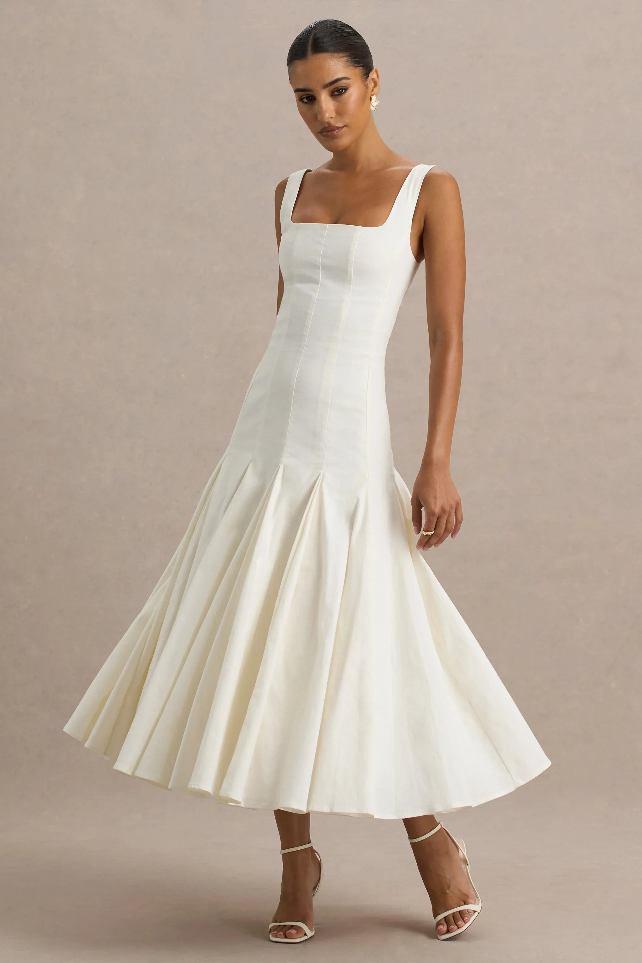 Magnolia White Scoop Neck Midi Dress With Drop Waist And Ruffling Detail