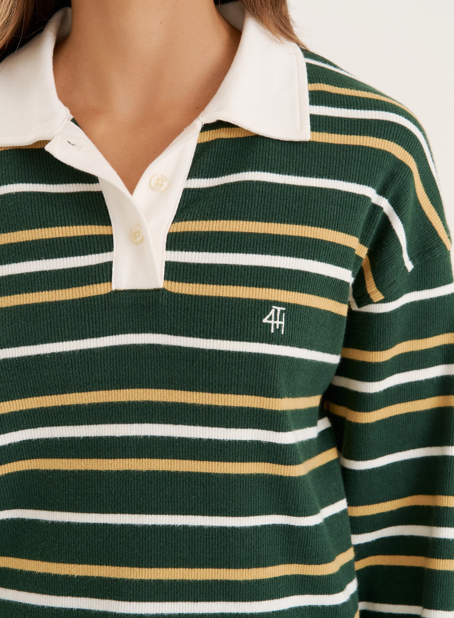 Green Striped Contrast Collar Rugby Top