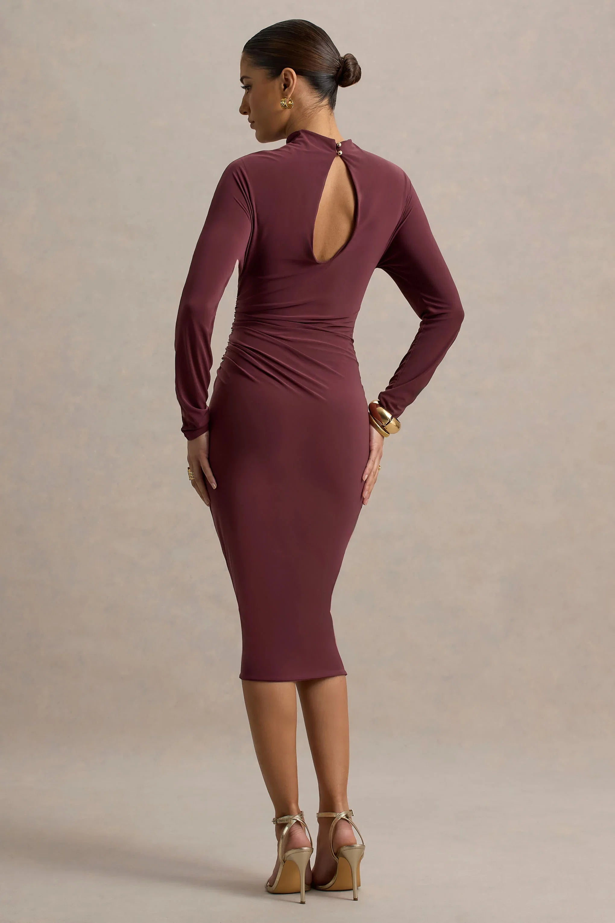 Pandora Burgundy Long Sleeve Midi Dress With Cut Out