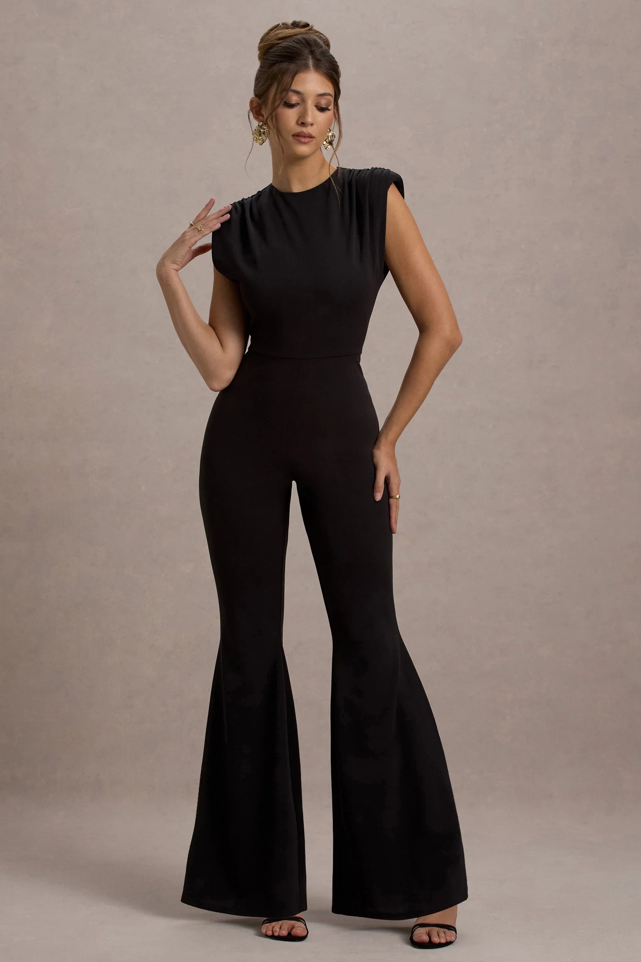 Elyna Black High Neck Draped Flared Leg Jumpsuit