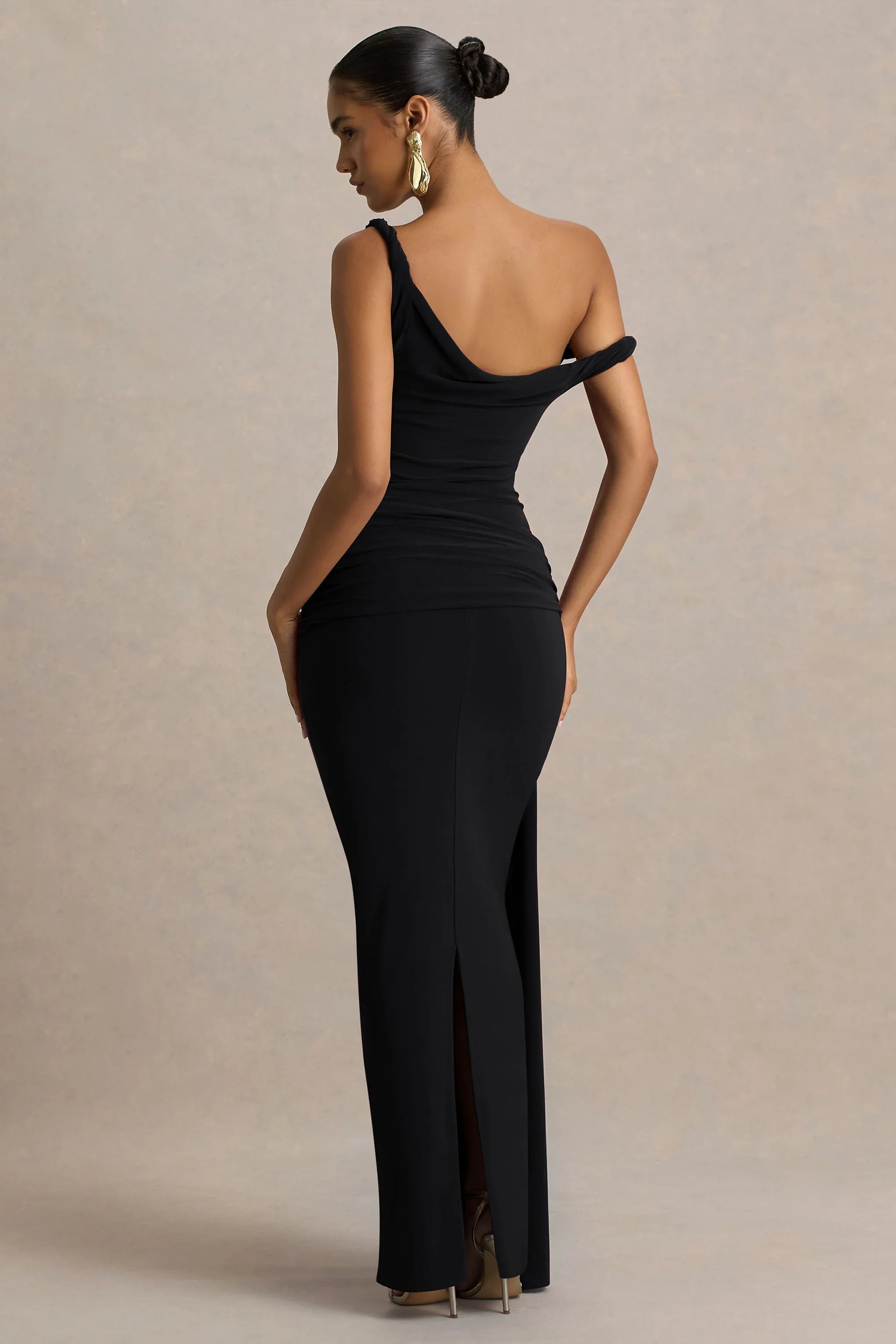 Tulisa Black Asymmetric Neck Maxi Dress With Twist Sleeves And Ruched Detailing