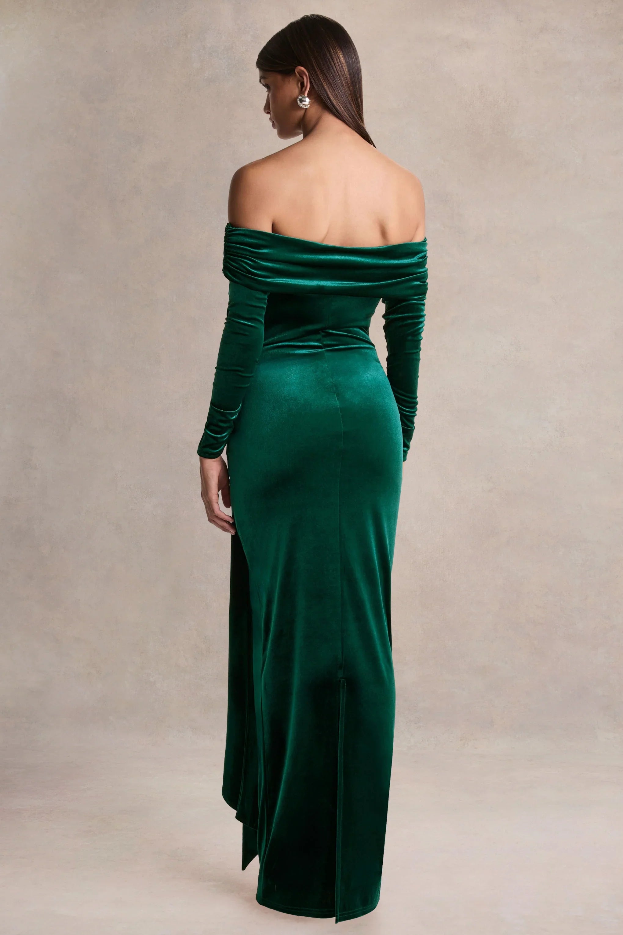 Jessara Bottle Green Bardot Neck Maxi Dress With Knot Details