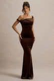 Neeka Brown Velvet Twisted Asymmetric Maxi Dress