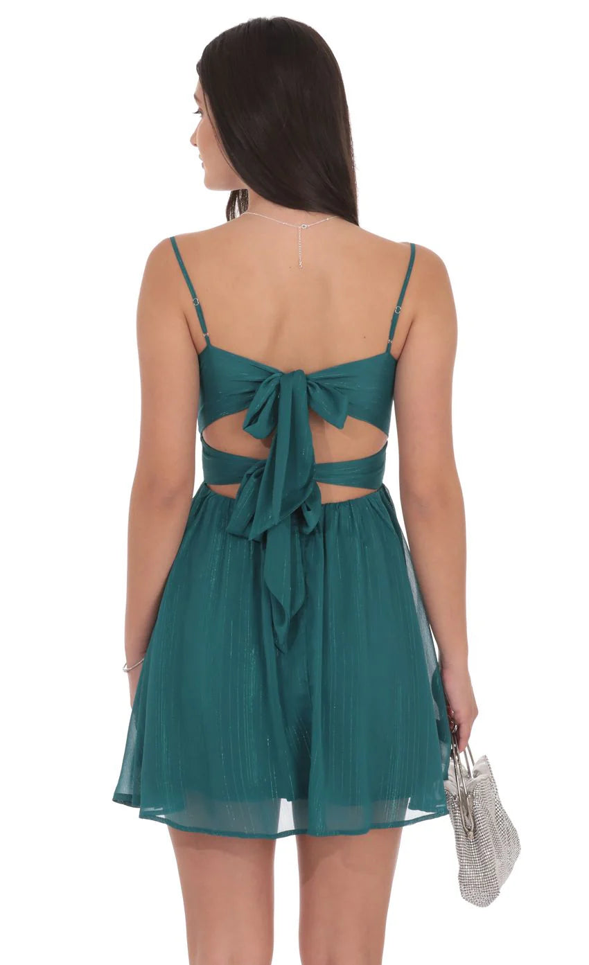 Shimmer Front Twist A line Dress in Teal