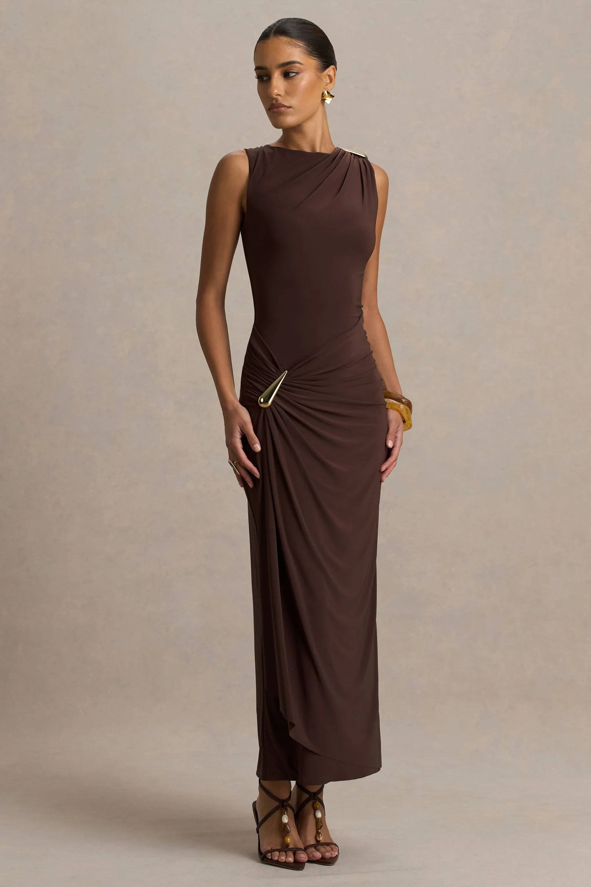 Fiora Brown Wide Neck Maxi Dress With Gathered Detail