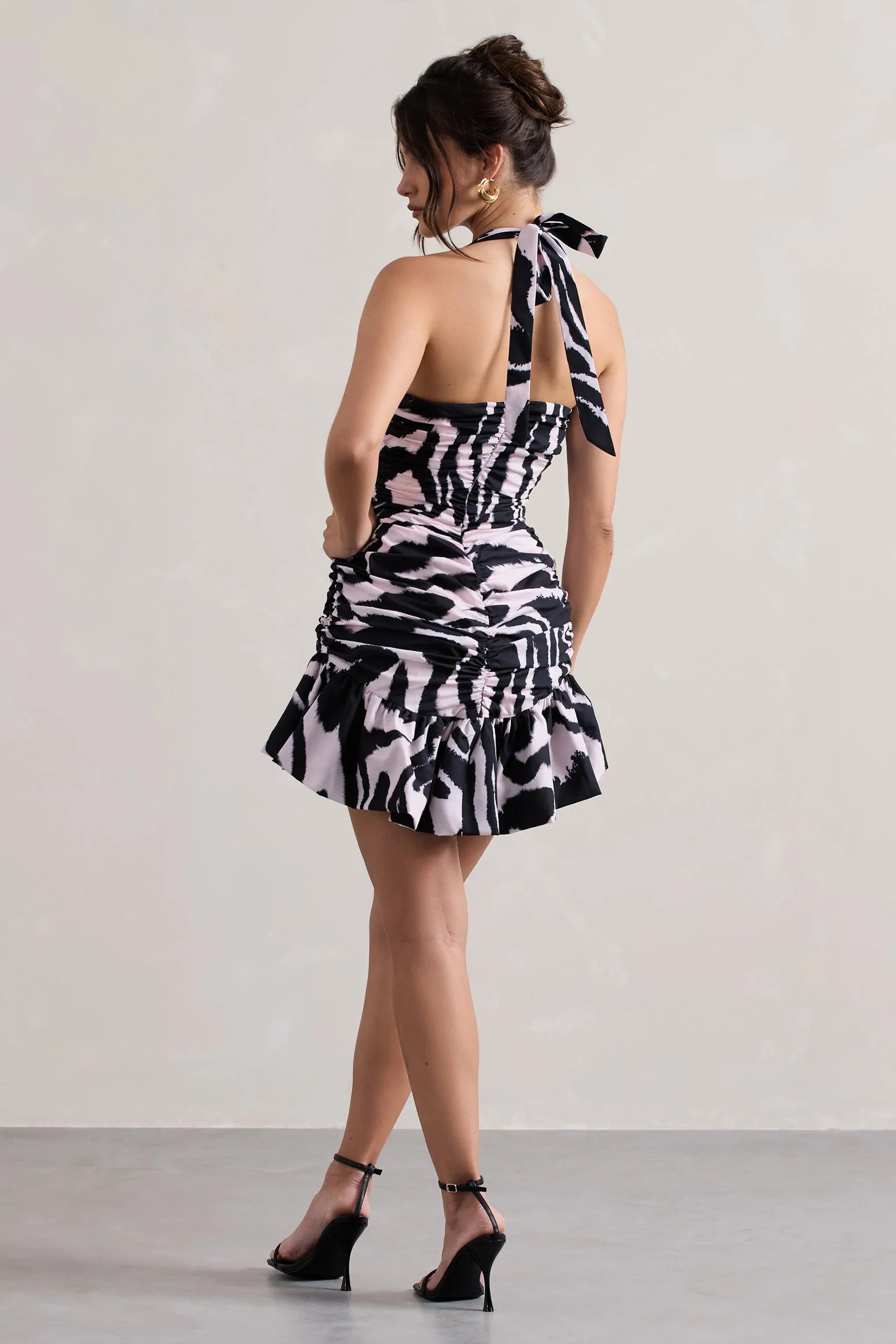 Zahra Zebra Print Halter Neck Ruched Mini Dress With Ruffle Hem