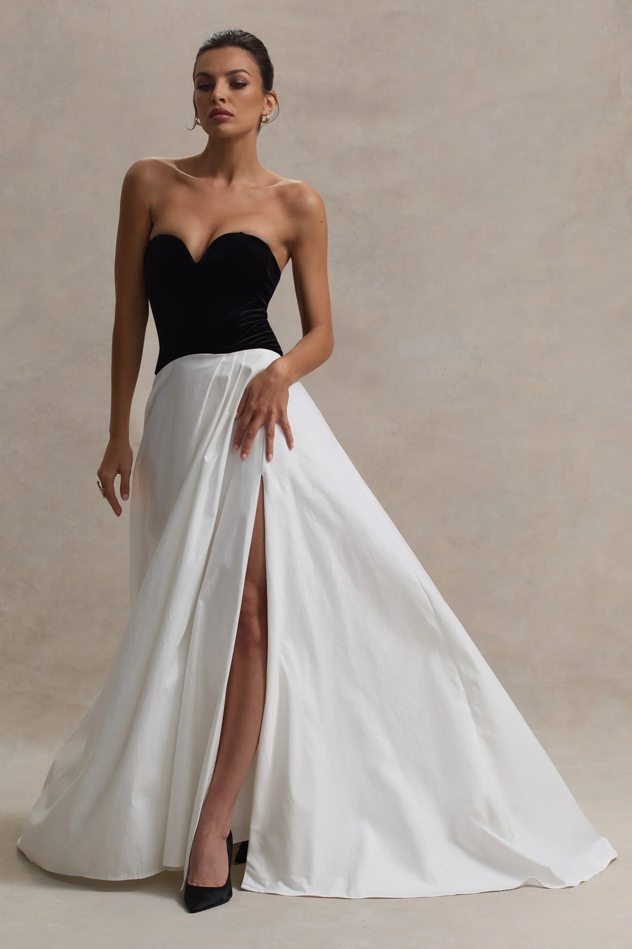 Lucienne Black Cream Sweetheart Corset Split Maxi Dress