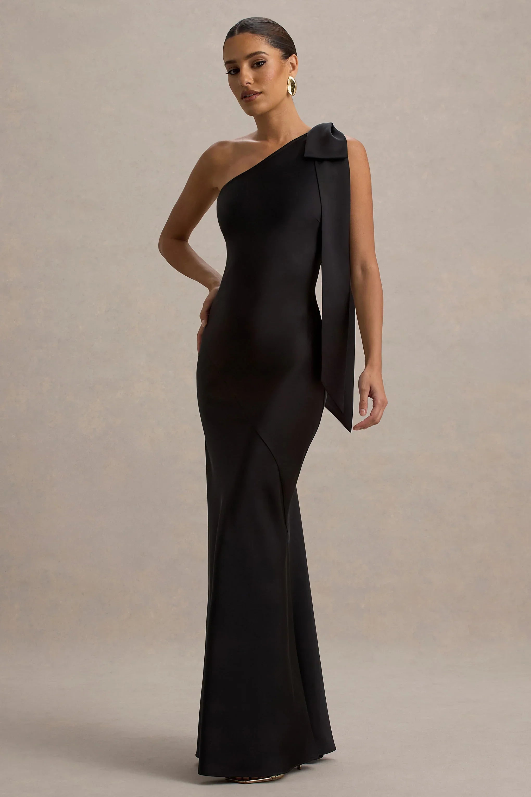 Here For Love Black Satin Asymmetric Maxi Dress With Bow