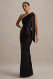 Here For Love Black Satin Asymmetric Maxi Dress With Bow